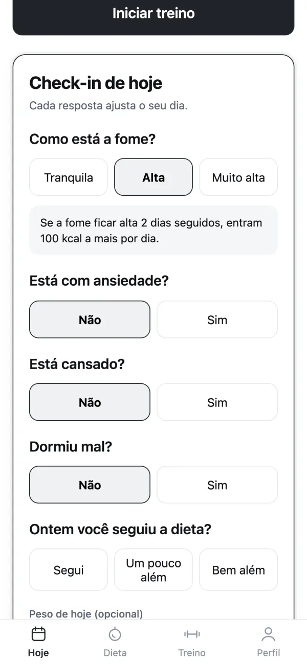 Tela do check-in: como está a fome, com a resposta Alta marcada e o ajuste do dia