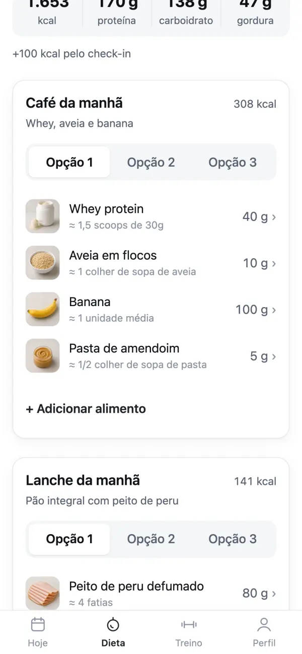 Tela de uma refeição com as opções 1, 2 e 3 e os alimentos com a quantidade