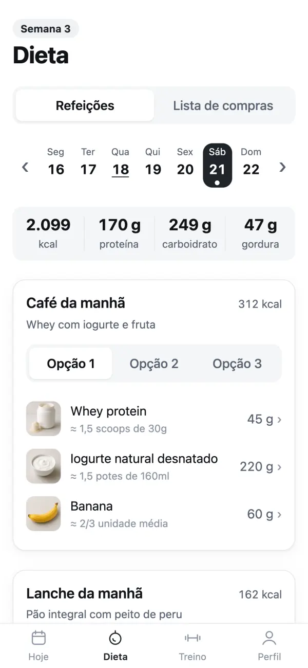 Tela de dieta no dia de carboidrato alto, marcado no sábado