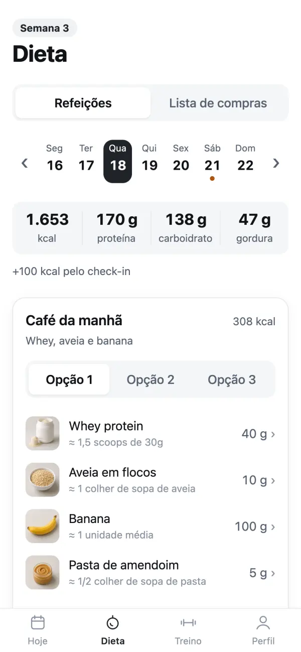 Tela de dieta do app: os dias da semana e as calorias e macros do dia