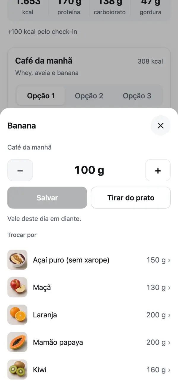 Tela de troca de alimento: a quantidade e a lista de alimentos para trocar