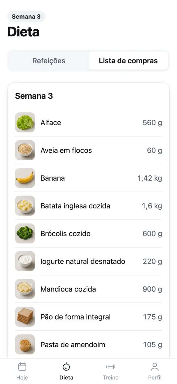 Tela da lista de compras da semana com a quantidade de cada alimento