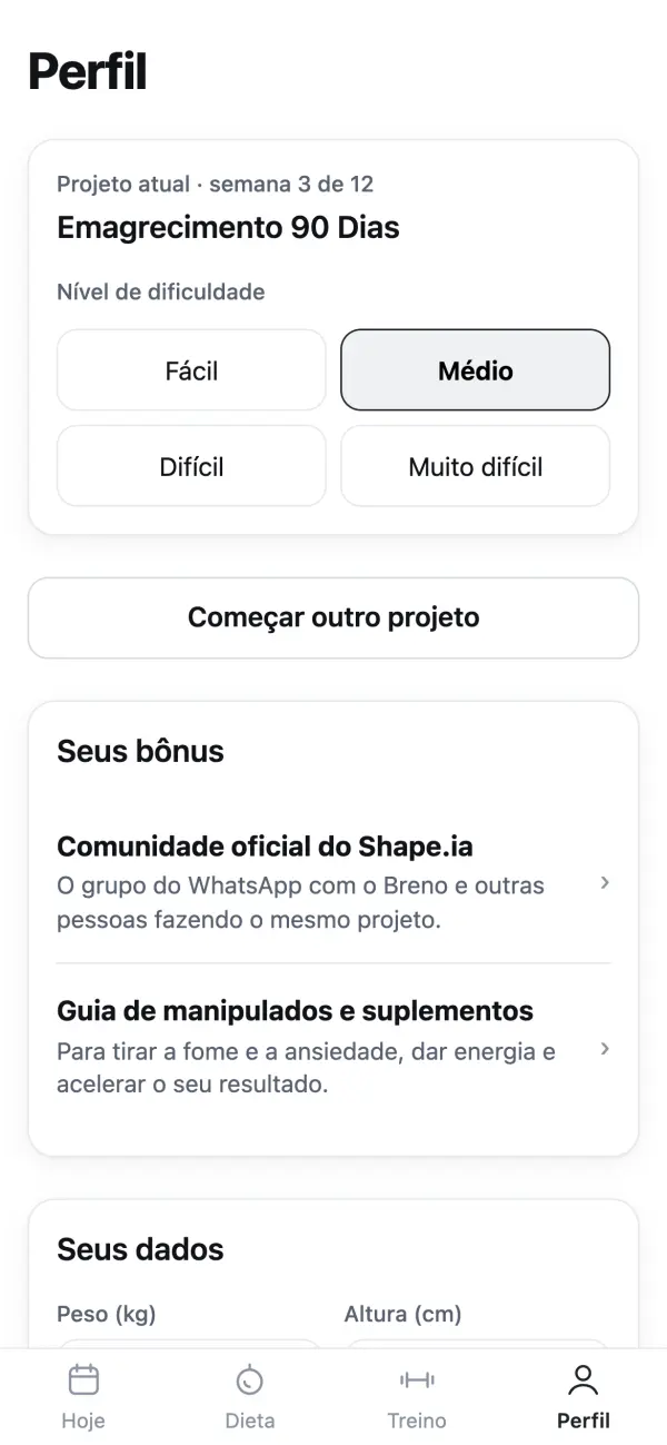 Tela do perfil com o nível de dificuldade: fácil, médio, difícil e muito difícil