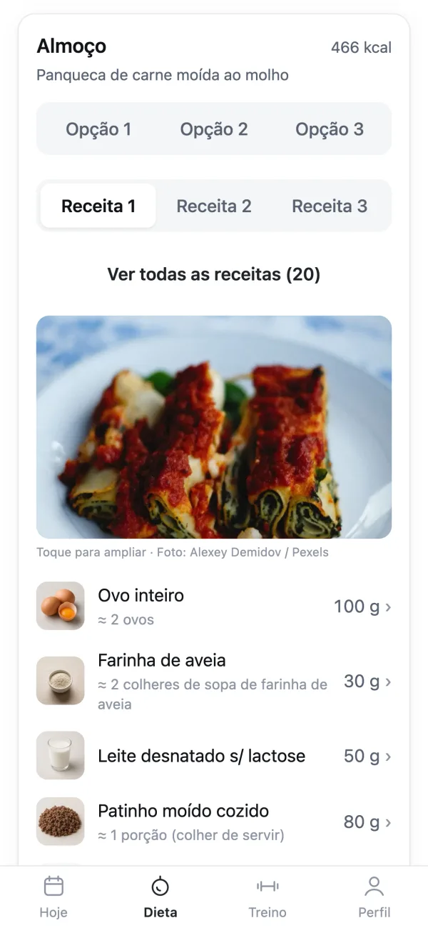 Tela do almoço com as opções 1, 2 e 3, as receitas 1, 2 e 3 e o botão ver todas as receitas, mostrando a panqueca de carne moída ao molho