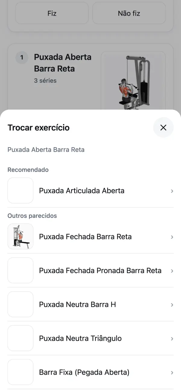 Tela de troca de exercício com a recomendação e outros parecidos
